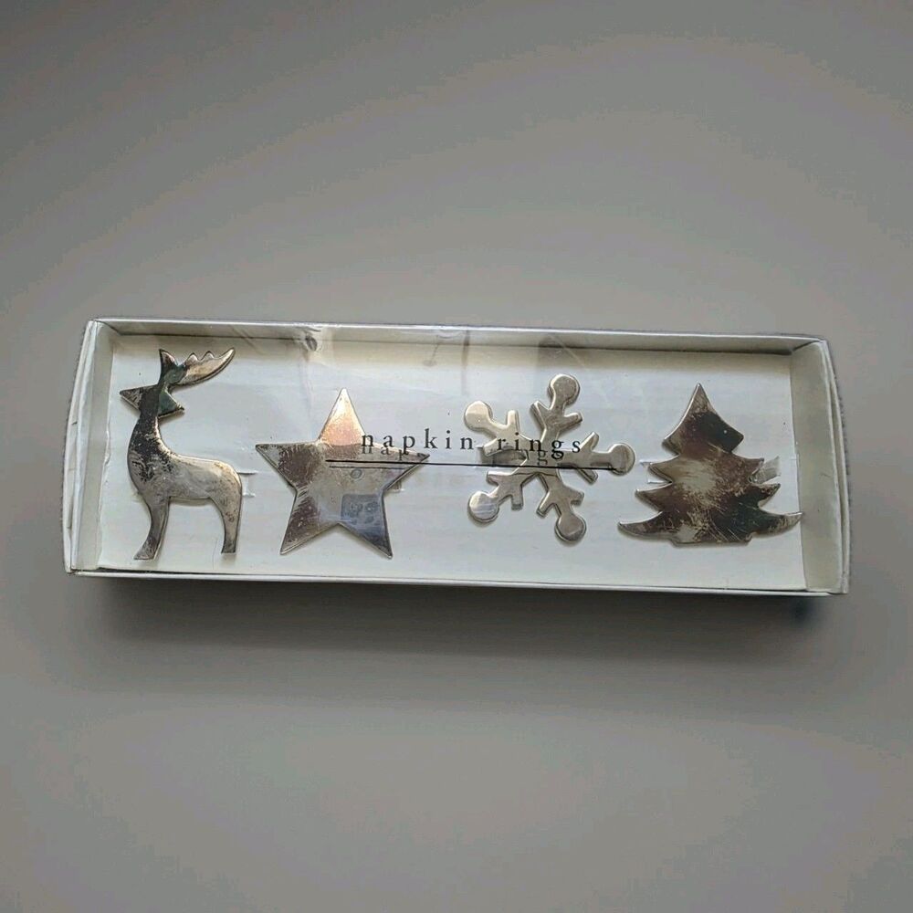 Pier 1 Napkin Rings Christmas Silver Plated Tree Star Snowflake Cutout NIB Set 4
